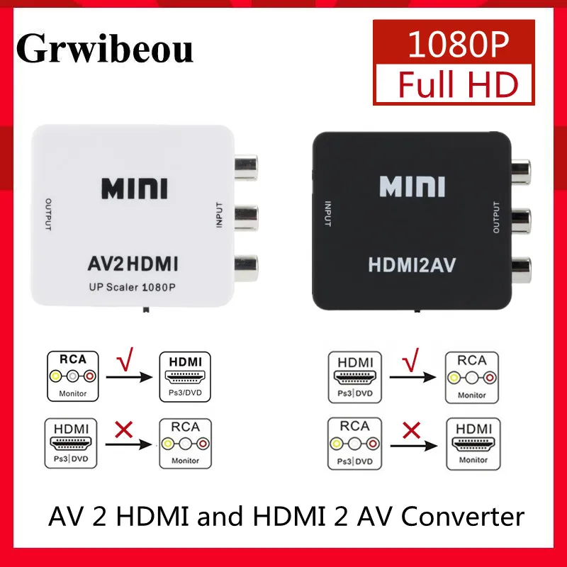 

GRWIBEOU 1080P HDMI-compatible to AV Scaler Adapter Video Composite Converter HDMI-compatible to RCA CVSB L/R Video Mini HD2AV