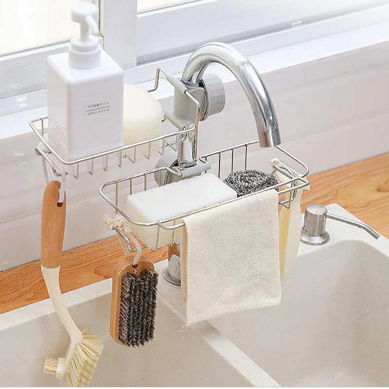 Stainless Steel Faucet Rack Storage Shelf Sponge Holder Dish Cloth Rack Drain Rack Rag Storage Drain Dry Rack Soap Sink Drainer
