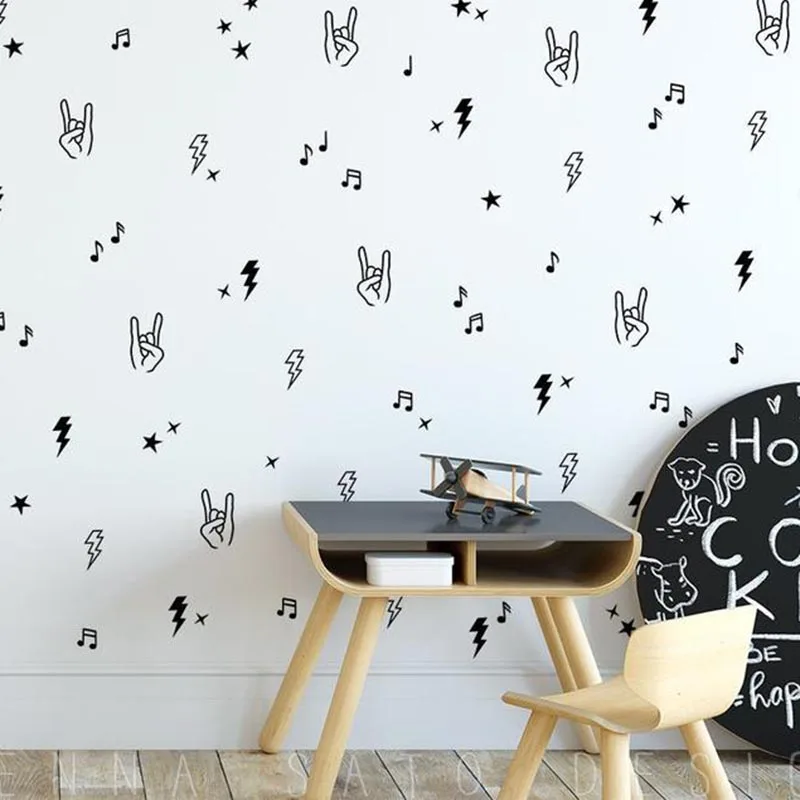 DJ Rock Roll Bolt Wall Sticker Bedroom Playroom Music Hand Star Rock On Roll Wall Decal Kids Room Classroom Vinyl Home Decor