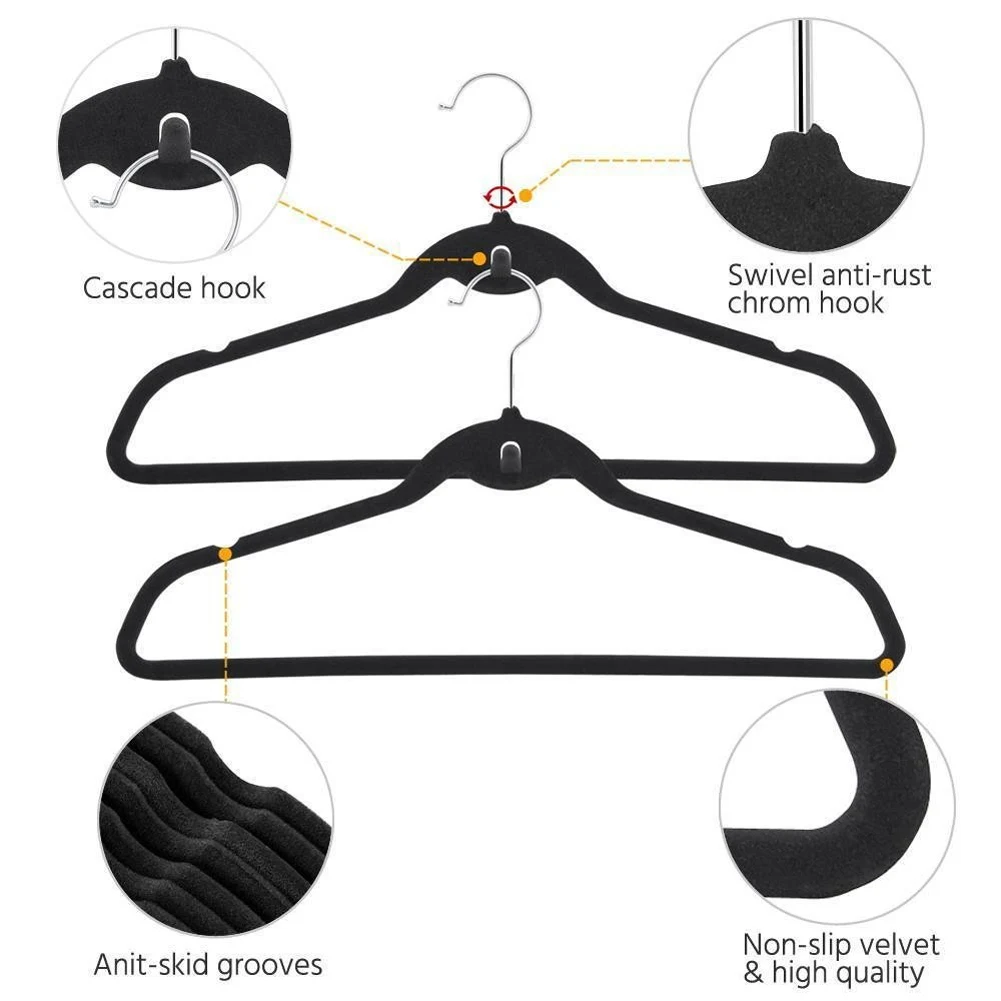 10/20Pcs Foldable Black Velvet Clothes Rack, Non-Slip Flocking Hanger, Balcony Home Accessories, Wardrobe Organizer, Wardrobe