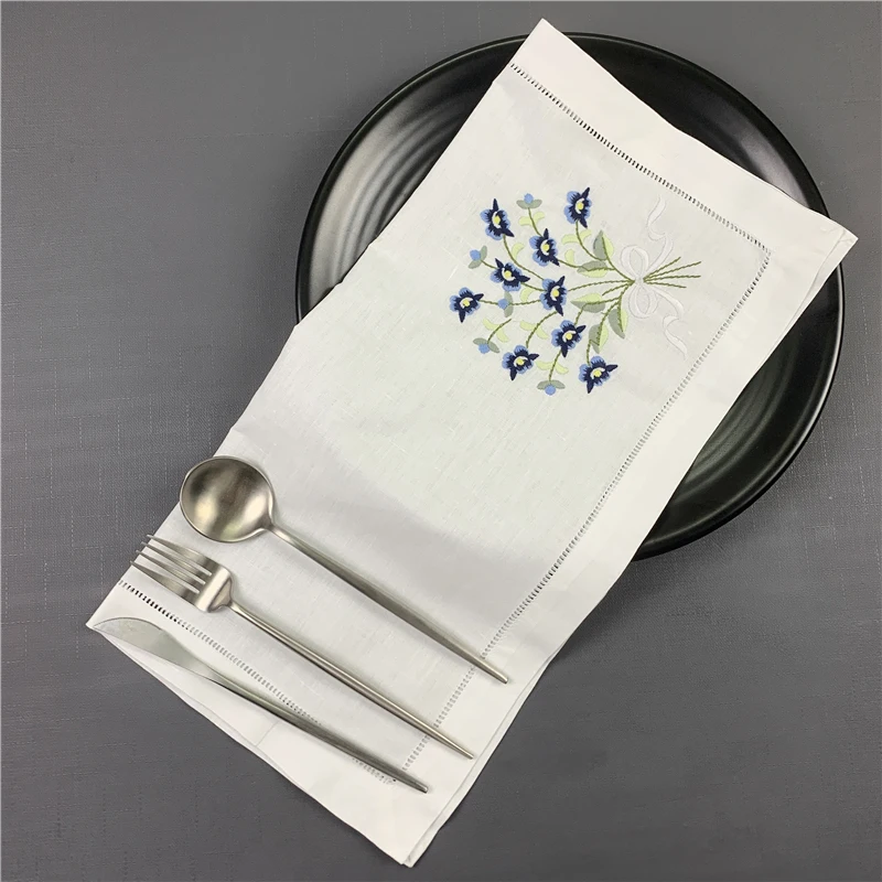 12 PCS Fashion Dinner Napkins white Hemstitched linen Table Napkin with Color Embroidered Floral Wedding Napkins