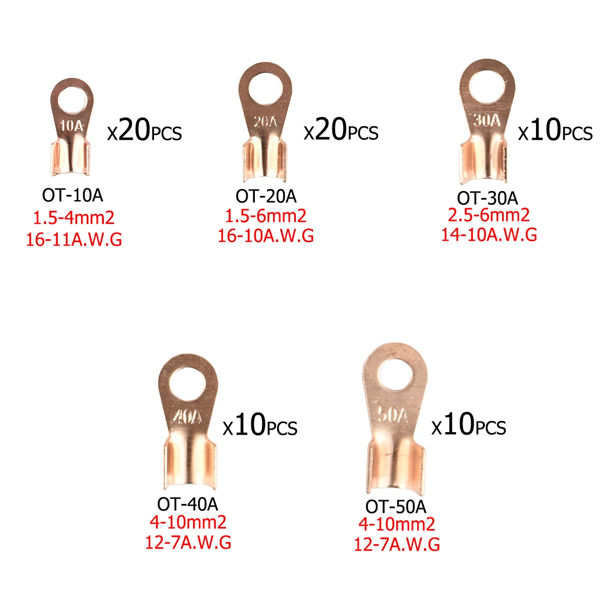 70PCS Battery Cable Copper Open Barrel Ring Lug Terminals Connectors Assortment Kit Wire Crimp Connector OT 10A 20A 30A 40A 50A
