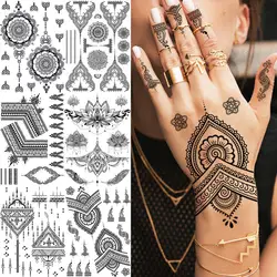 REJASKI-tatuajes temporales de encaje de Henna negra para mujer, pegatina de mariposa, polilla, flor Mehndi, tatuaje falso, pluma, Flora