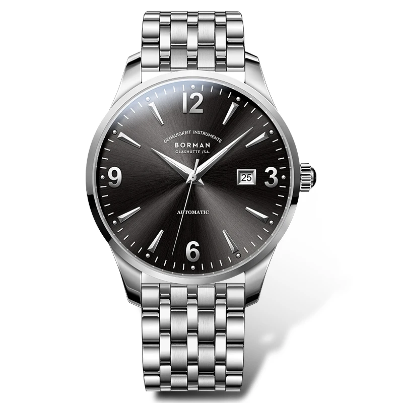 بورمان 316L الفولاذ المقاوم للصدأ الرجال التلقائي ساعات آلية مضيئة الأيدي الياقوت الزجاج مقاوم للماء 50 متر ساعة مع تاريخ ساعة