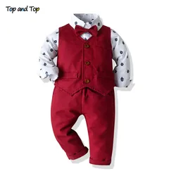 Top and Top – Ensemble 3 pièces en coton pour les garçons, chemise à manches longues avec nœud papillon + gilet + pantalon, tenue style décontracté pour les petits