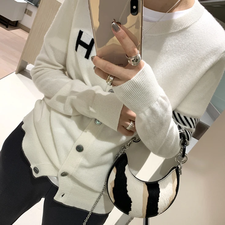 Europe station cashmere cardigan women\'s loose H-letter jacquard thin knitted jacket sweater slim round neck sweater