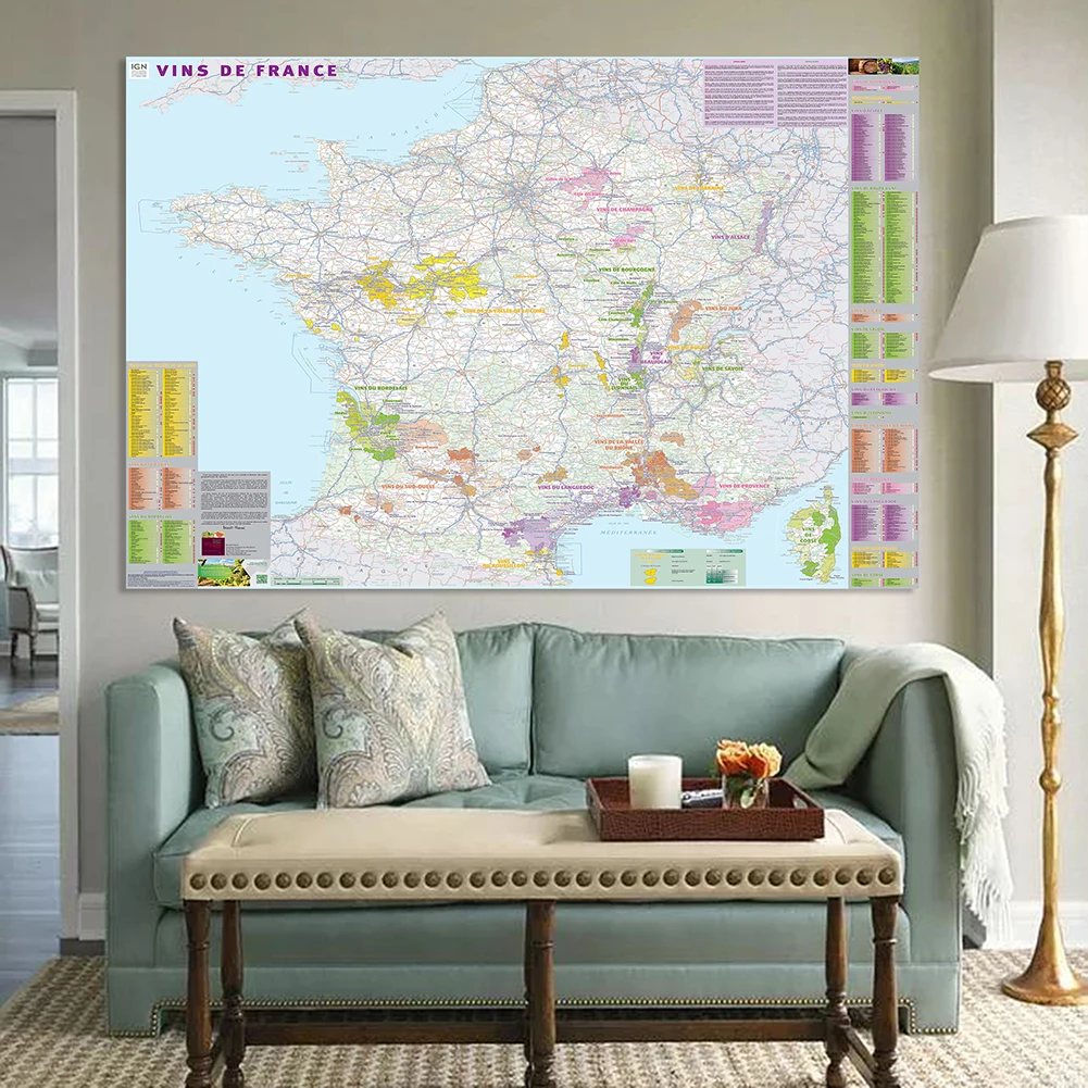 Póster de pared con mapa de distribución de vino francés, lienzo no tejido, pintura, decoración del hogar, suministros escolares, 225x150cm