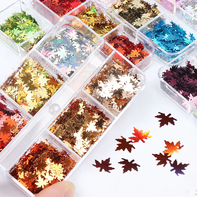 6 Grids/Box Metal Color Maple Leaf Sequins Laser Color Leaves Thanksgiving Day Nail Sequins DIY Nail Design Accessories Set