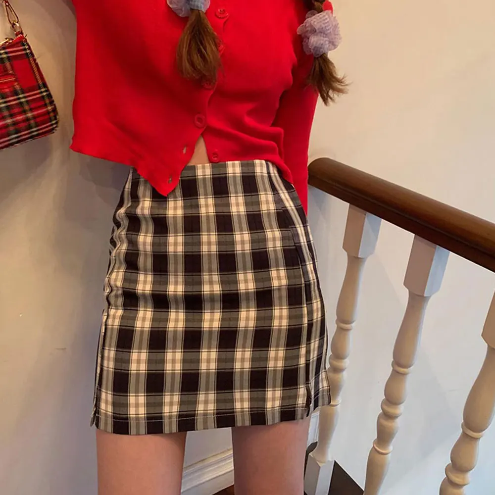 Jolee Jocoo 2021 kobiety lato koreański Sexy Retro Plaid Y2K słodka wysoka talia Mini spódniczka A-Line Zipper styl Preppy do klubu na imprezę