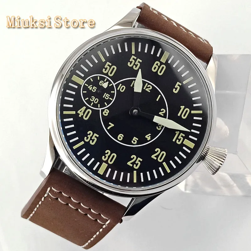 CORGEUT 44mm silver case black luminous dial leather strap  17 jewels 6497 hand winding movement mens leisure sport watch