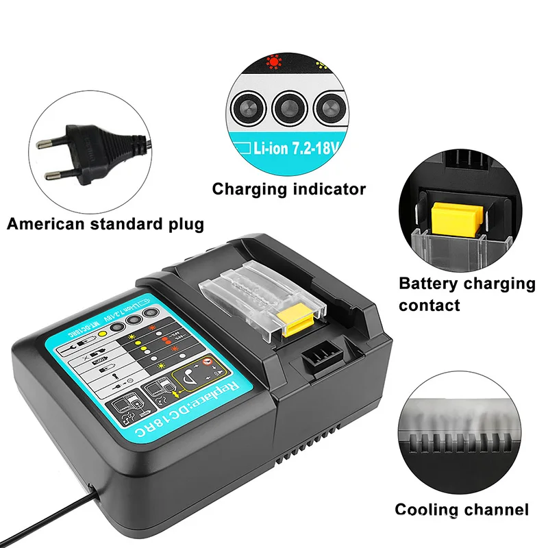 Li-Ionแบตเตอรี่Charger 3Aชาร์จCurrentสำหรับMakita 14.4V 18V Bl1830 Bl1430 Dc18Rc Dc18Raเครื่องมือDc18Rct Charge eu Plug