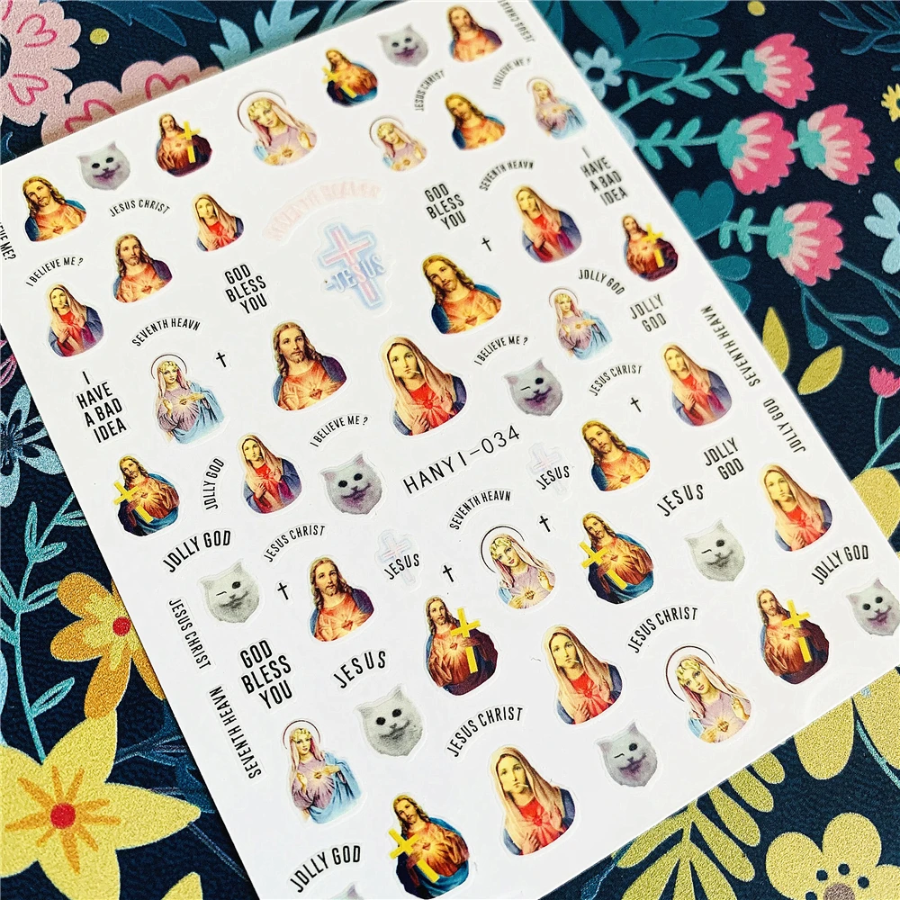 Newest HANYI-34 Jesus 3d nail art sticker nail decal stamping export japan designs rhinestones  decorations