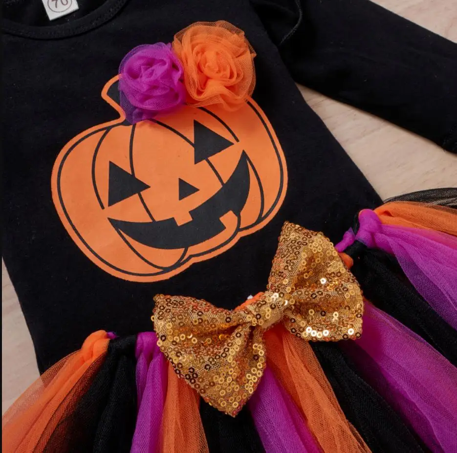 Conjunto de ropa de Halloween para niñas, Pelele de manga larga con letras impresas, falda de hilo Multicolor, tocado, disfraz de Halloween