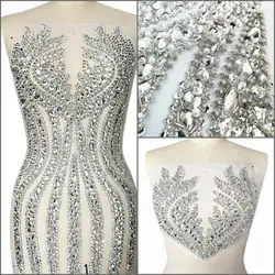 Cucito a mano in rilievo paillettes di pizzo argento corpetto Haut costumi abiti danza carnevale patch di nozze Appliqued Appliques Designer