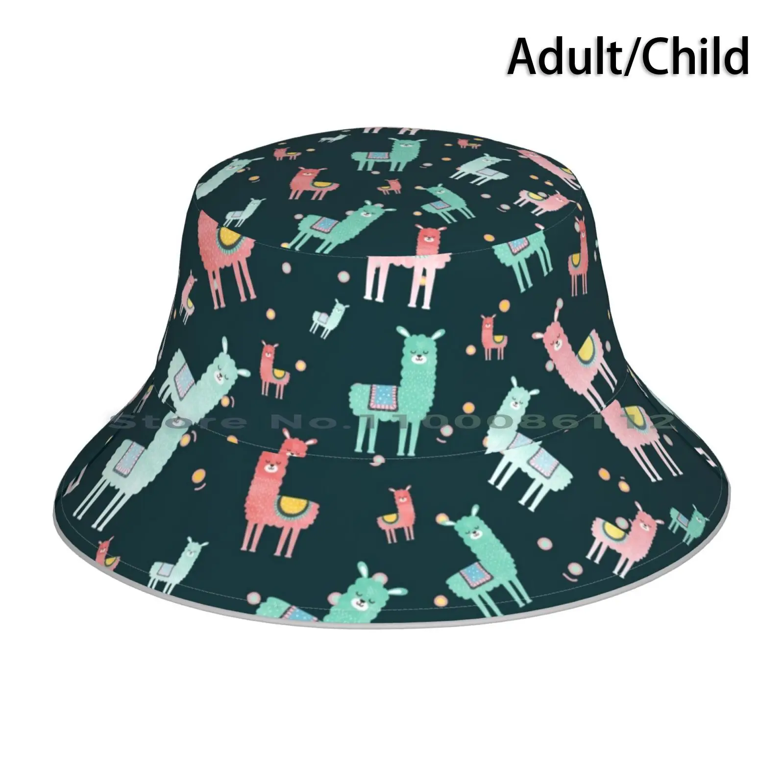 Cute Pastel Llamas-All Over Pattern-Dark Teal Bucket Hat Sun Cap Pastel Pink Blue Aqua Mint Coral Llama Design Brimless Knitted