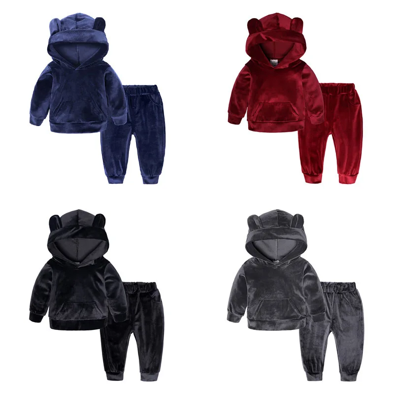 Boys Velvet Hoody Clothing Set Sweatshirts Sweatpants Girls Tracksuit Hoodie Coat Sports Suits Stripes Cartoon Jacket Outfit