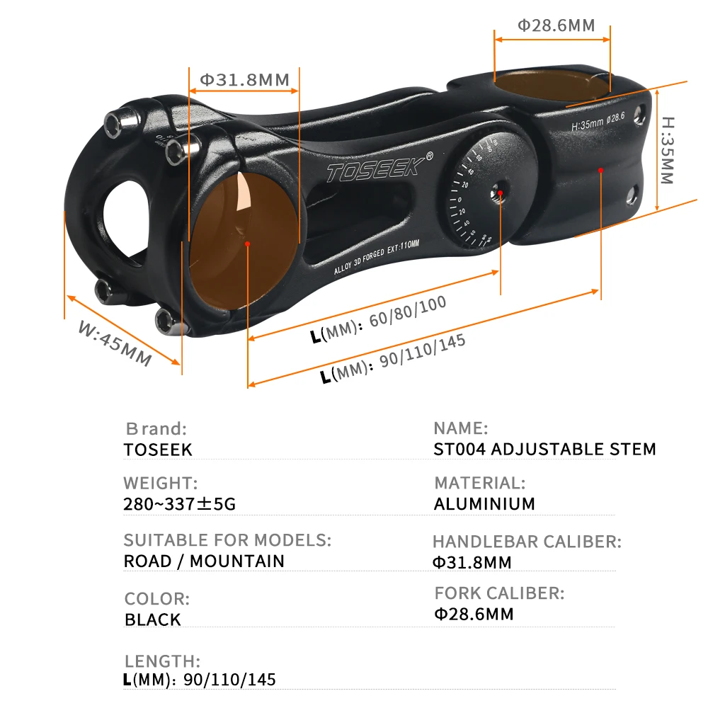 Bicycle Handlebar Stem Adjustable-85 To 85 Degree Length 90/110/145mm Handlebar 25.4/31.8mm Stem For XC Mountain Road City Bike
