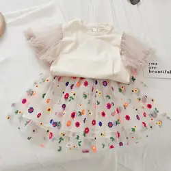 2022 Summer Girls' Clothing Sets Lace Flying Sleeves Jacket+Embroidered Mesh Skirt 2Pcs Suit Princess Baby Kids Children Clothes