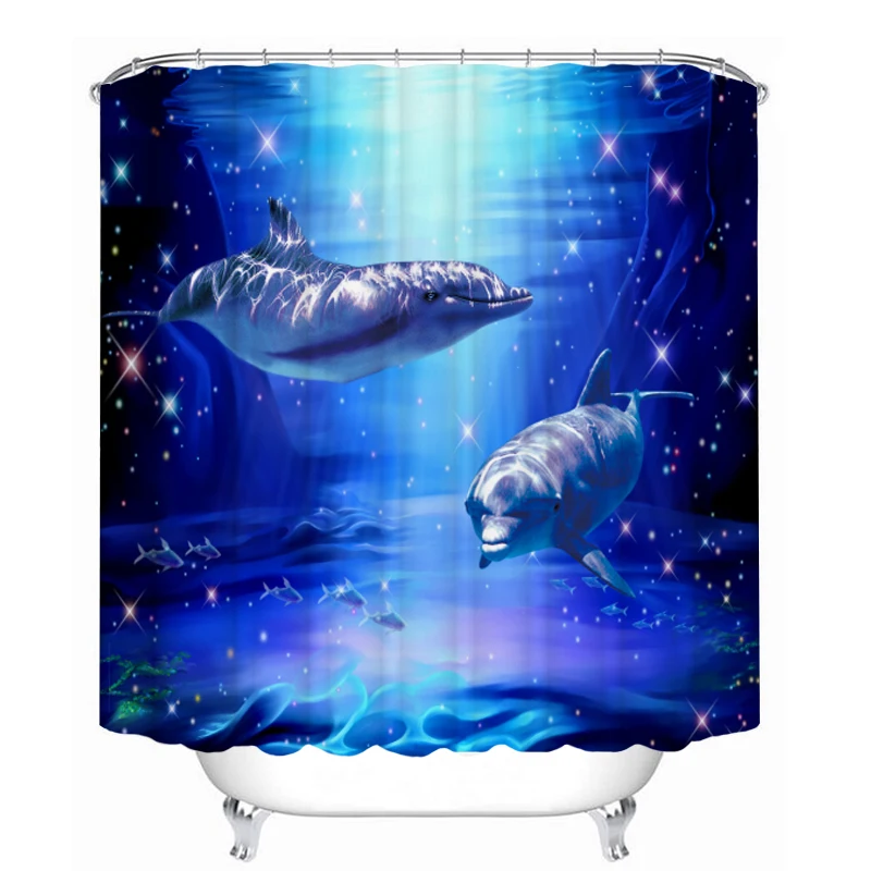 3D Ocean Design Dolphin Waterproof Fabric Bathroom Curtain Blue Shower Curtains Set Anti-skid Rugs Toilet Lid Cover Bath Mat