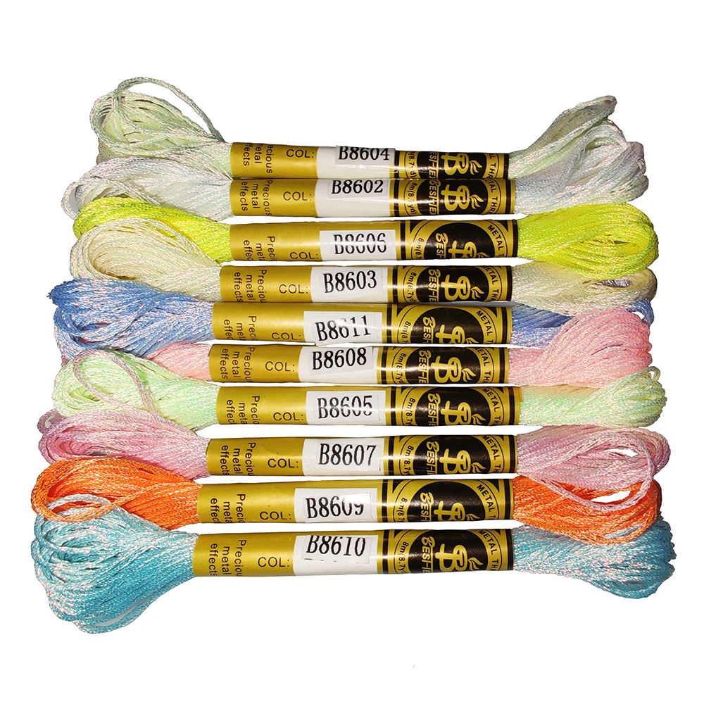 Multicolor Metallic Embroidery Thread Shiny Cross Stitch Floss Threads on Skeins DIY Sewing Kit