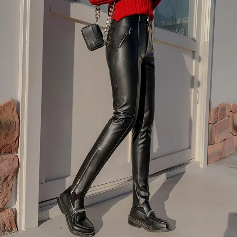 Women Luxury Cowhide Leather Pencil Pants High Waist Casual Slim Fit Long Trousers Female Genuine Leather Pants Plus Size 6XL