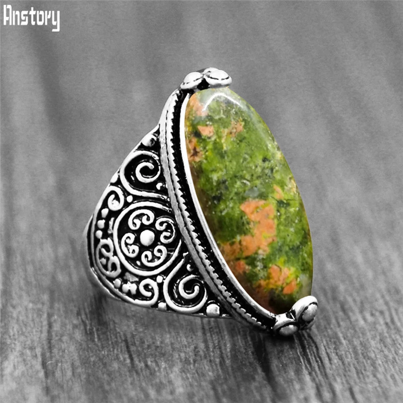 Irregular Eye Shape Unakite Rings Flower Band Natural Stone Antique Silver Plated Fashion Ring