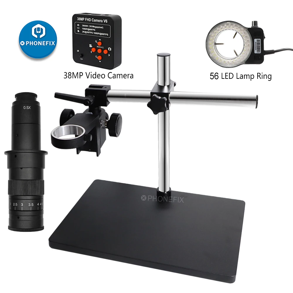 

50mm Diameter Holder Dual Arm Digital Stereo Microscope Stand + 56 LED 38MP Camera Len 360-degree Rotating Universal Arm Bracket