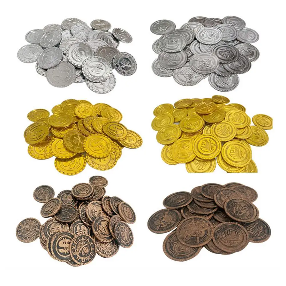 

100pcs Pirates Gold Coins Plastic Currency Toy Game Props Chips Playset Party Favor Treasure Hunt Gold Coin Props For Kids 3cm