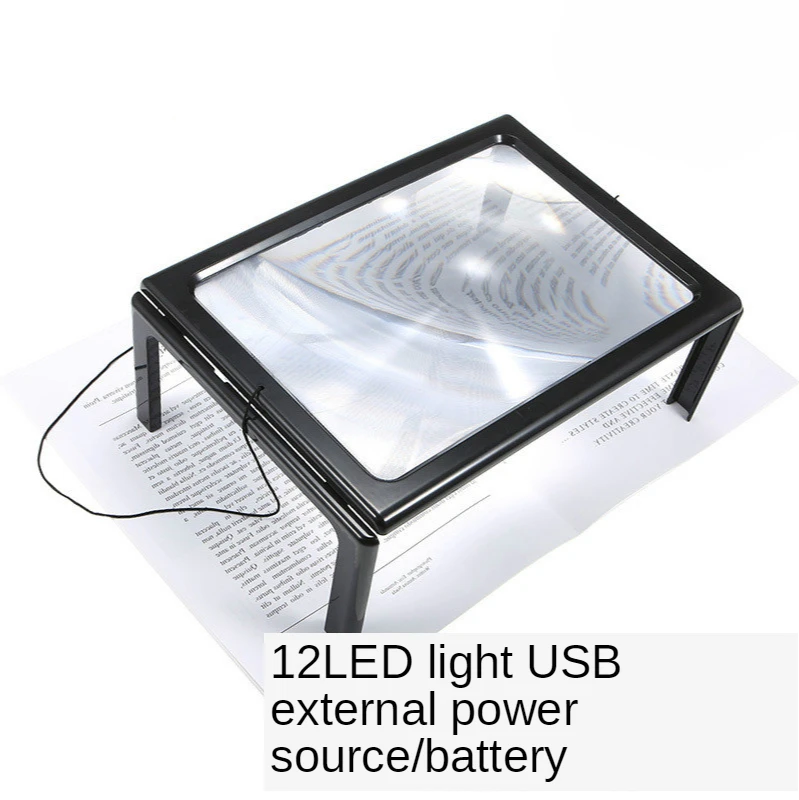 

Desktop USB plug-in 12 LED lights reading repair HD chest hanging rectangular full page magnifier