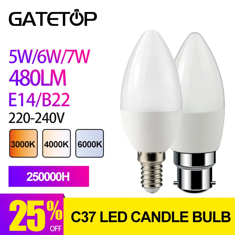 

1 Piece Led Candle Bulb C37 5w 6w 7w 3000k 4000k 6000k B22 220v-240v 6000k For Home Decoration Led Lamp Home Decoration