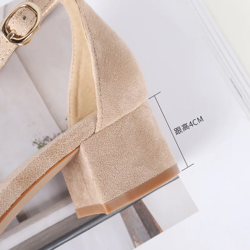 Fashion 2020 Summer Women's Sandals Flock Buckle Strap 4CM Thick High Heels Round Toe Shallow Back Strap women shoes size 35-40