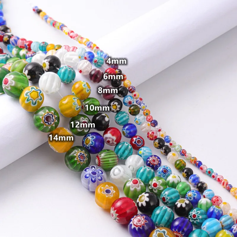 Redondo 4mm 6mm 8mm 10mm 12mm 14mm flores misturadas millefiori vidro solto espaçador grânulos lotes para diy artesanato jóias fazendo descobertas