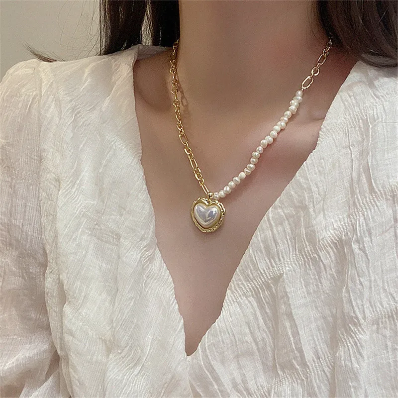 YANGLIUJIA Freshwater Pearl Heart-shaped Pendant Necklace South Korean Style Fashionable Joker Sweet Necklace Chain Of Clavicle