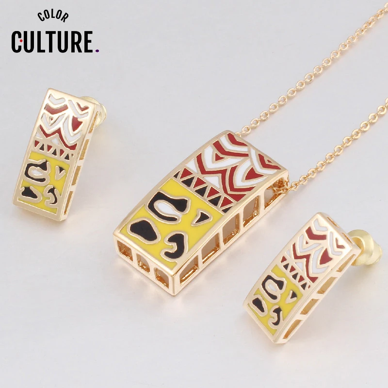 

Color Culture Gold-color Jewelry Sets for Women Long Strip Pattern Design Shape Enamel Vintage Adornment (Necklace, Earring)