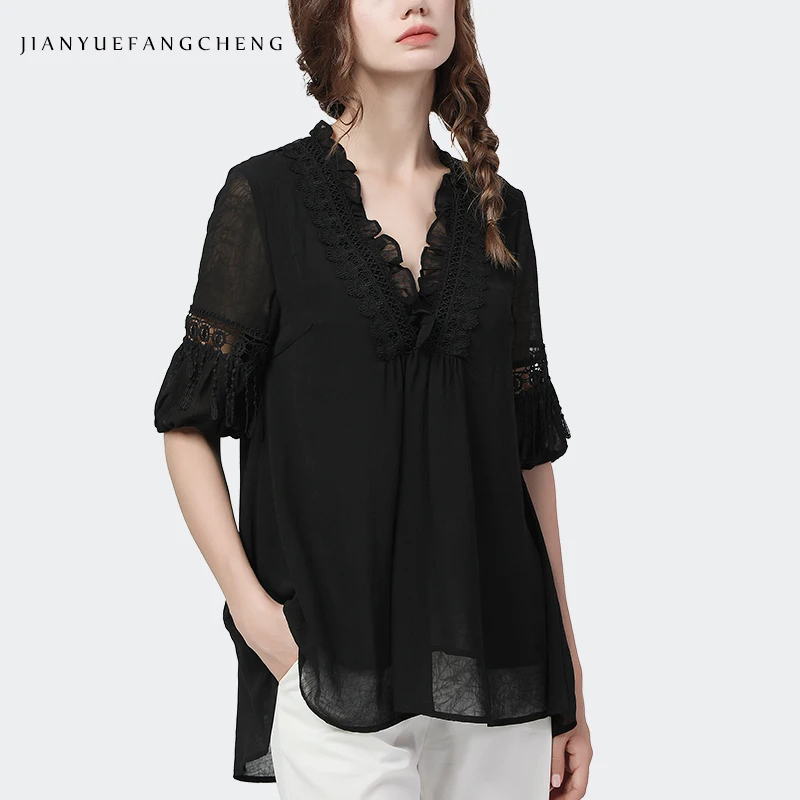 Lantern Sleeve Loose Casual Women\' Black Chiffon Blouse Lace Appliques V-Neck Hollow Out Ladies Tops Plus Size Mid-Length Shirt