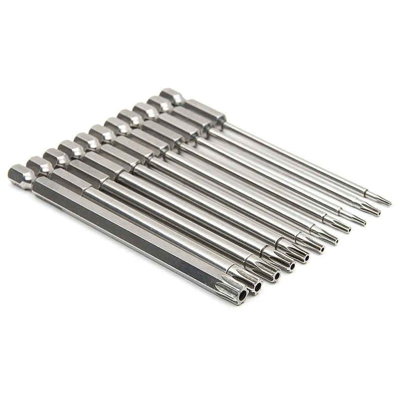 

11-Piece S2 Alloy Torx Screwdriver Bit Set (100mm) T6 T7 T8 T9 T10 T15 T20 T25 T27 T30 T40 Magnetic Tips for Secure Fastening