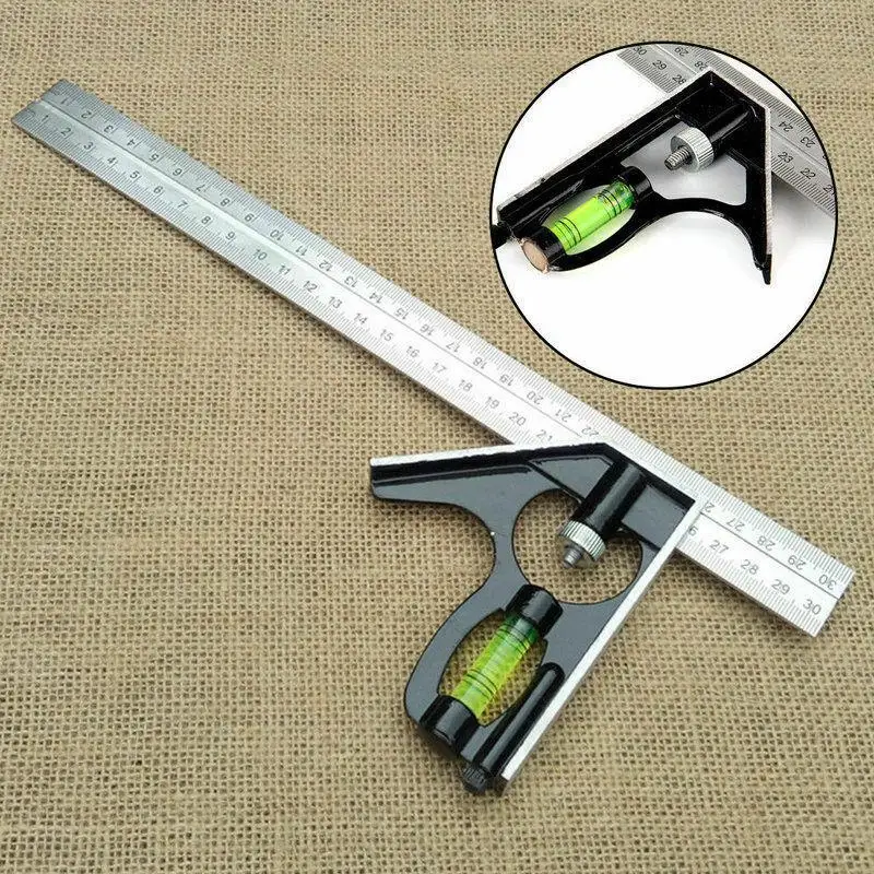 12inch Adjustable Combination Right Angle Ruler 45 / 90 Degree with Bubble Level Gauge Measuring Tools for Woodworking