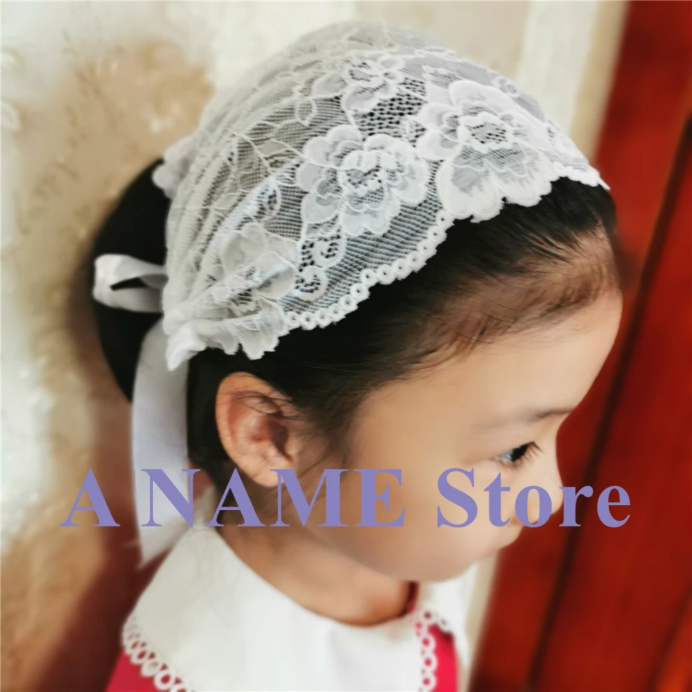 2pcs Small Girls Mantilla Veil for Church Lace Catholic Veil Children Head Covering Latin Mass Tie-style Headband Kerchief Mini