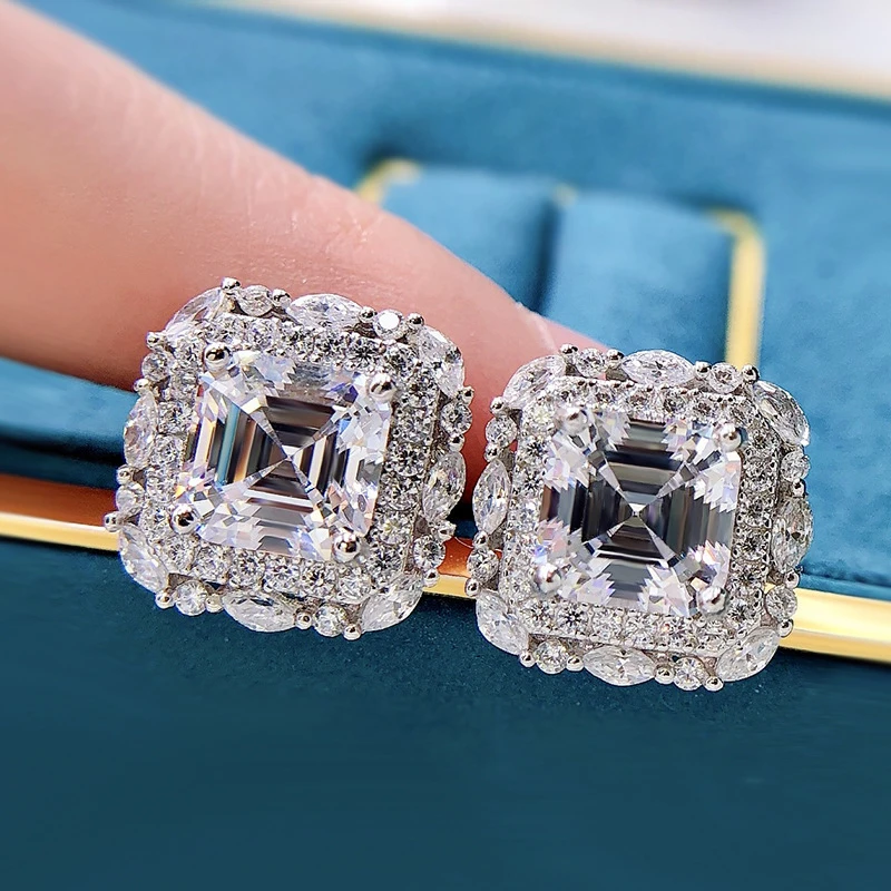 OEVAS 100% Sterling Silver 7*7mm High Carbon Diamond Pagoda Stud Earrings For Women Sparkling Wedding Party Fine Jewelry Gift