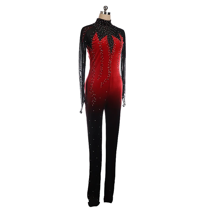 Figure skating tights jumpsuit girl women\'s skating black and red gradient one custom