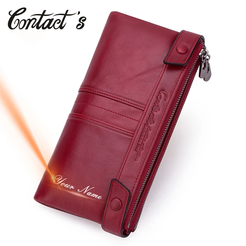 Contact\'s Fashion Long Purse Genuine Leather Women Wallet Female Wallets Clutch Zipper Phone Pocket Card Holder Carteras RFID