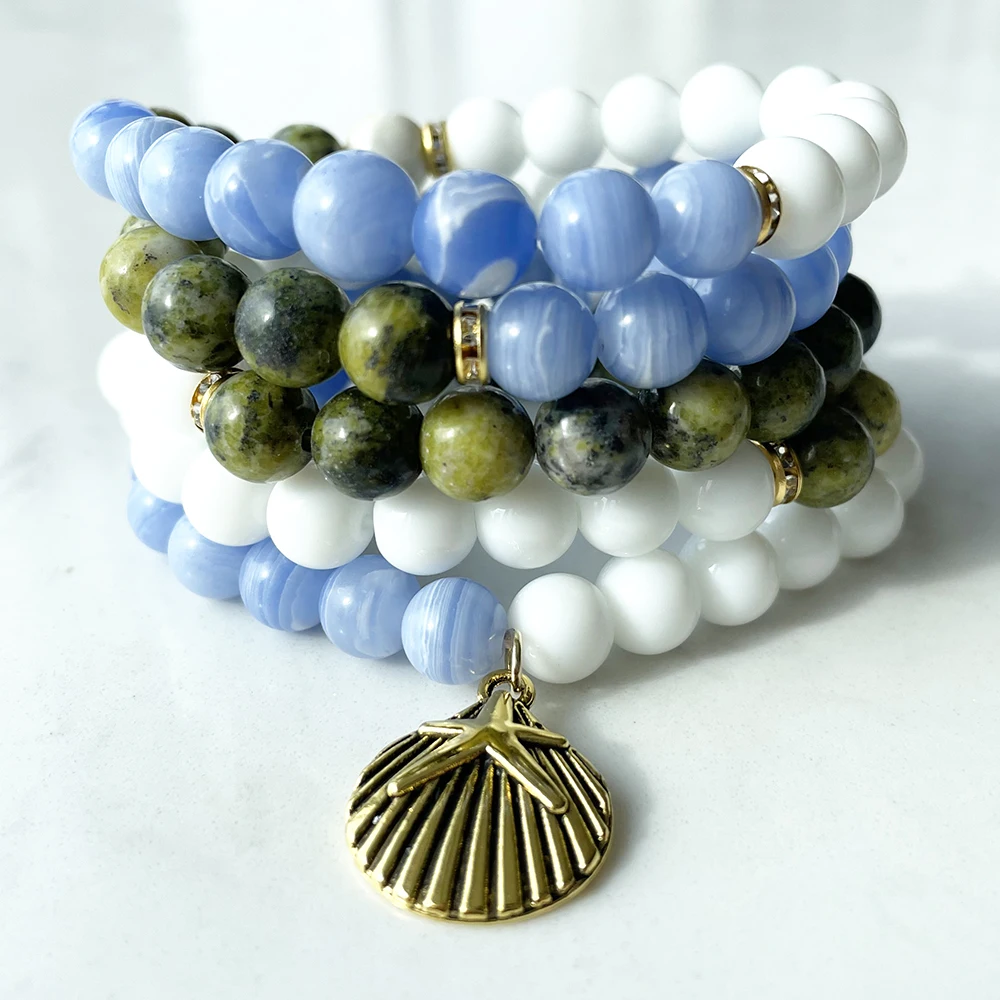 MG1384 New Design Blue Lace Agate 108 Mala Bracelet Women`s Yellow Howlite Necklace Balance Yoga Mala Energy Jewelry