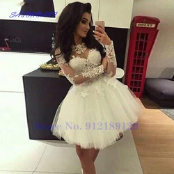 Vestidos De Fiesta White 2024 Homecoming Dresses Ball Gown Long Sleeves Tulle Appliques Lace Short Mini Elegant Cocktail Dresses