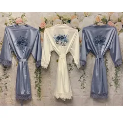 Dusty Blue bridal party Floral robe customize bride to be Lace silk bridesmaid gift Bathrobe nightgown Peignoir wedding keepsake