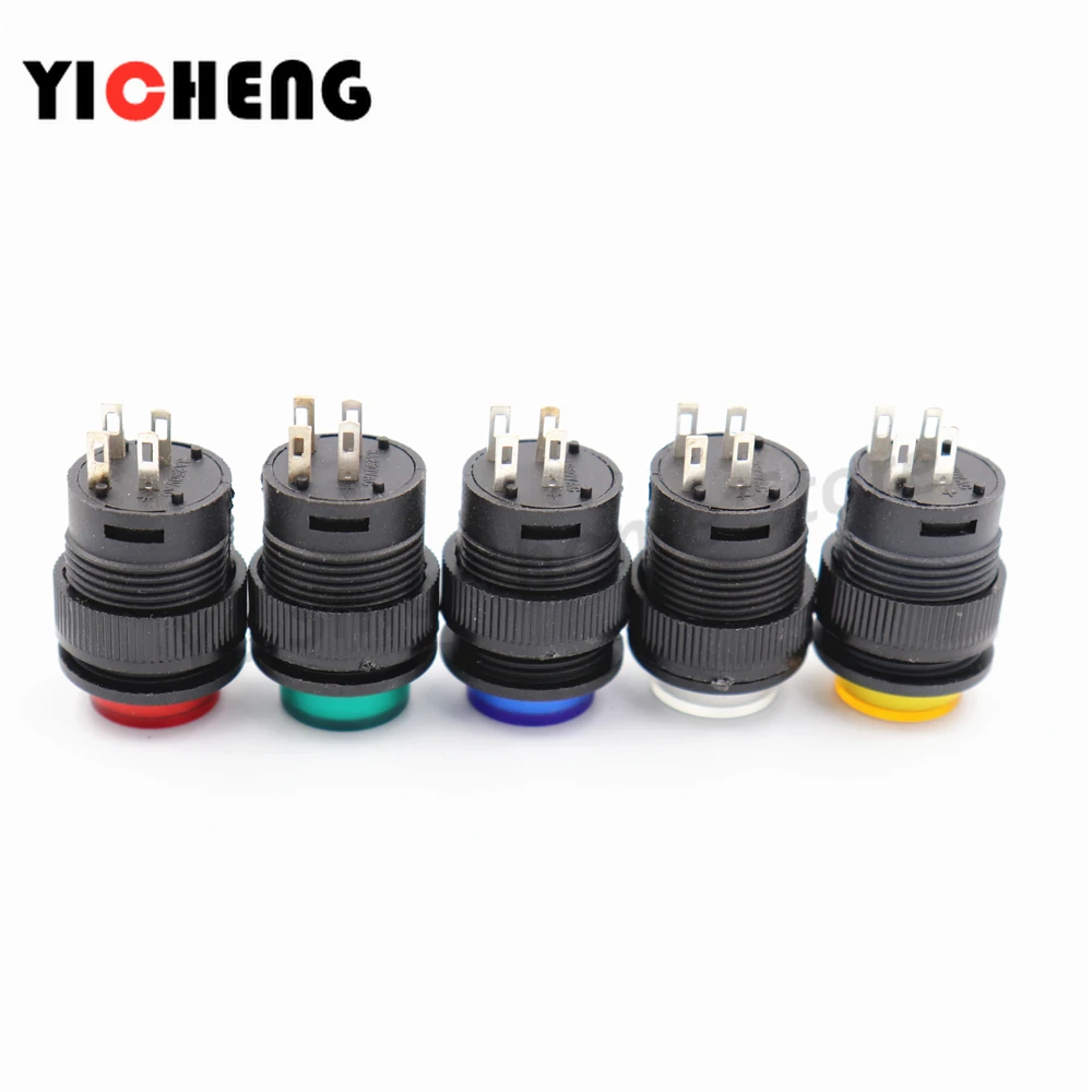 5Pcs R16-503 key button switch with light jog reset self-locking switch round 4 Pin 2 Pin 16MM With light  LED 3V