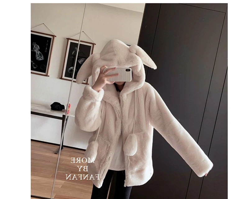 Nerazzurri Spring Fluffy Jacket with Rabbit Ears Raglan Sleeve Zipper Oversize Light Soft Harajuku Kawaii Faux Fur Hoodie 2021