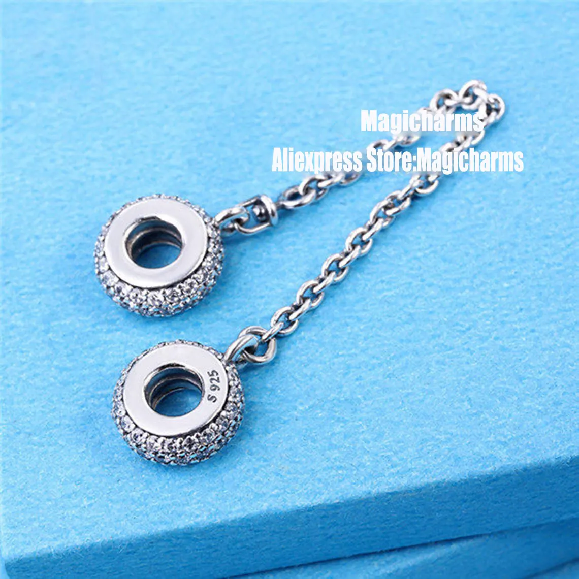 925 Sterling Silver Pavé Inspiration with Clear CZ Safety Chain Charm Bead Fits All European Pandora Jewelry Bracelets Necklaces