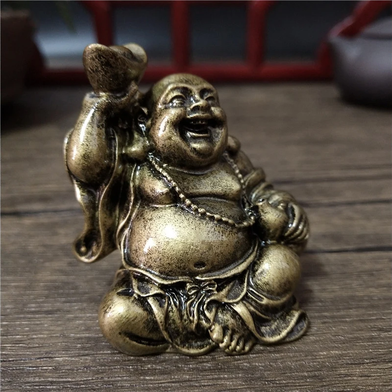 Cor de bronze dinheiro rindo buda estátua ornamentos resina feng shui chinês maitreya buda escultura estatuetas decoração para casa