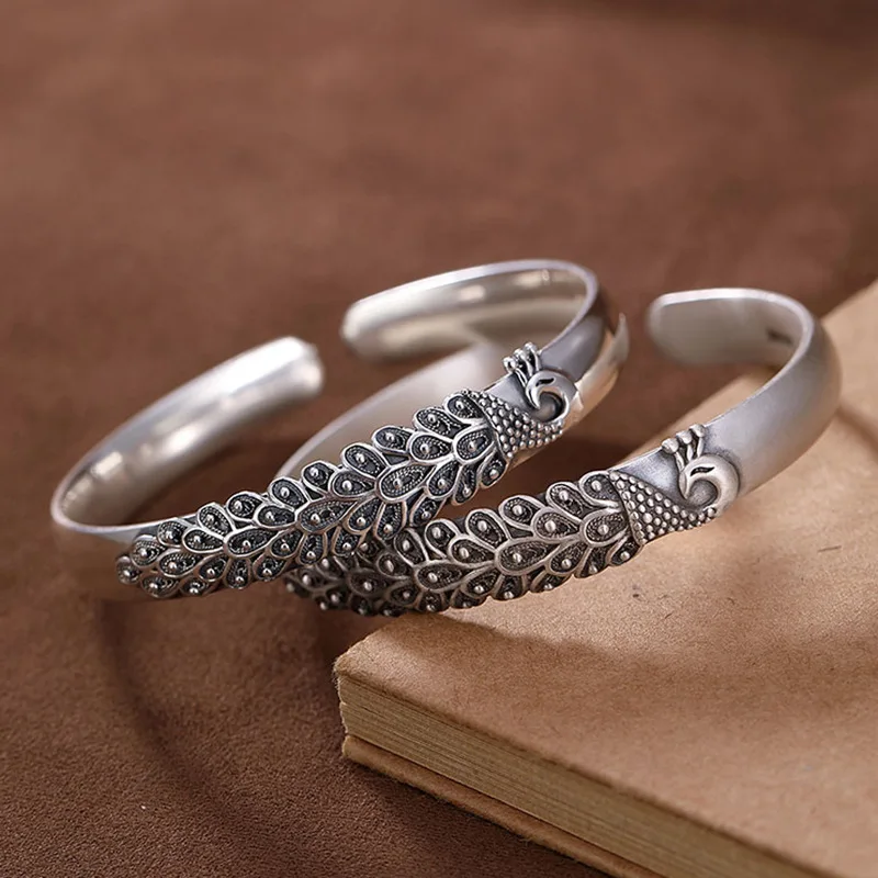 ★full silver bracelet women make old peacock personality pure silver bracelet fashion matte solid bracelet gift for mom