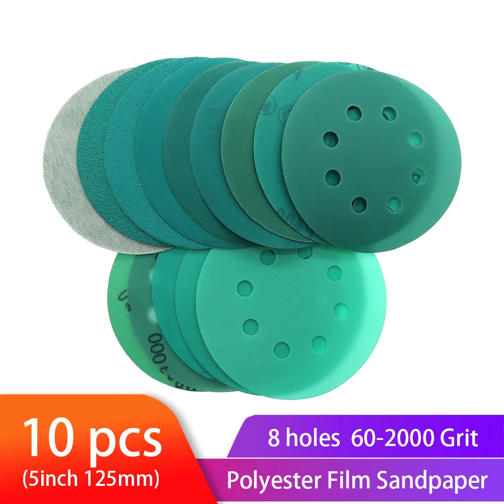 

10PCS Polyester Film sandpaper 5 Inch 125mm 8-hole Wet/Dry Hook & Loop Flocking Green Sanding Discs Paint Abrasiv, 60#-2000#